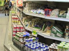A good range of yoghurts on sale in Migros supermarket, Laufen